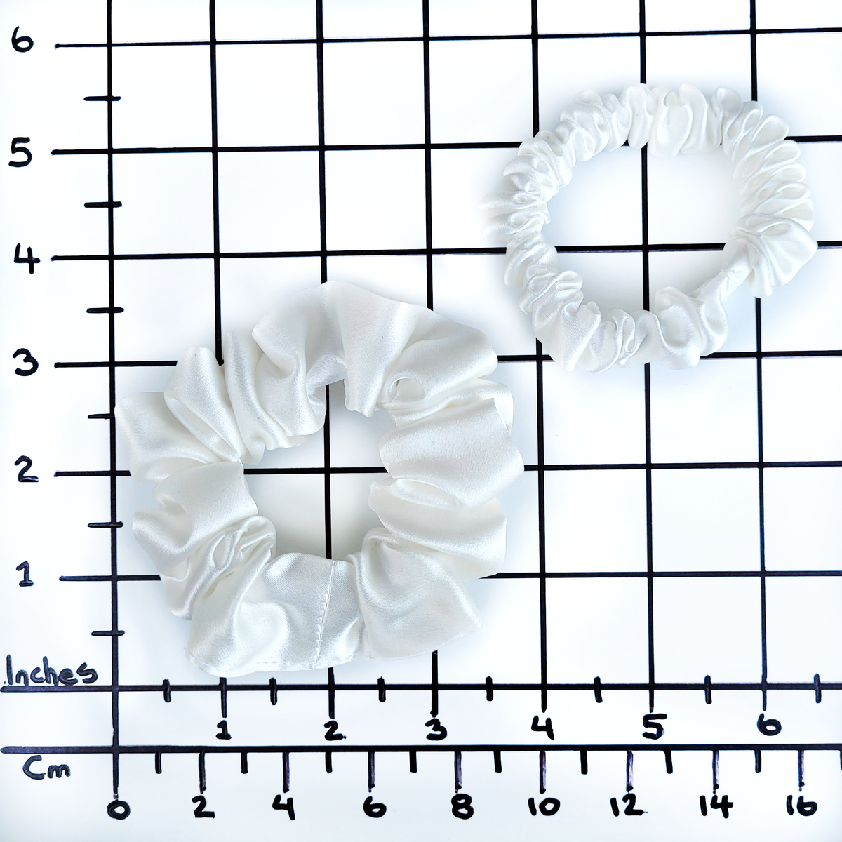 Small and skinny scrunchies pure silk white satin handmade in Canada by Lynne Kiel