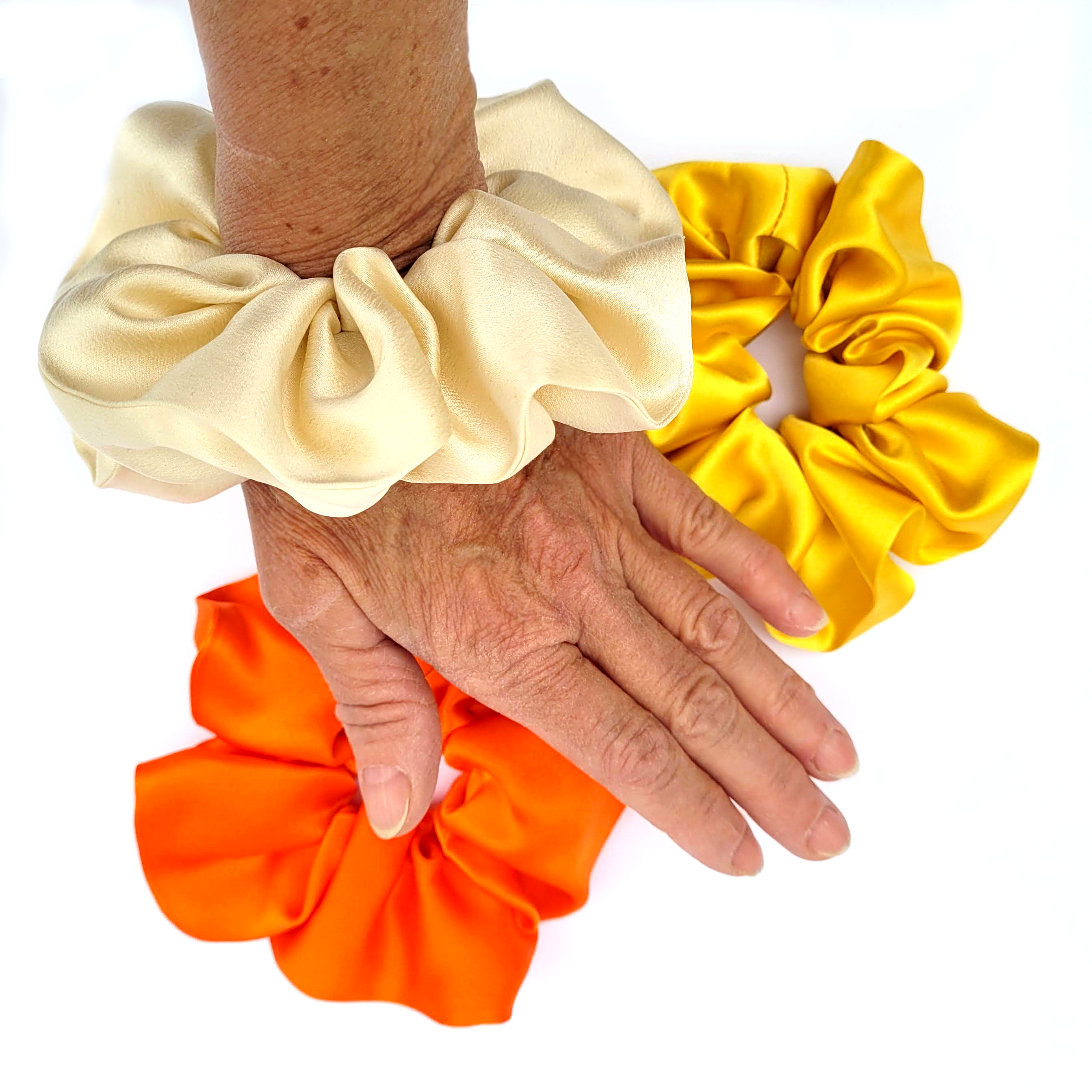 large silk scrunchie set hair accessory yellow orange ivory handmade by Lynne Kiel