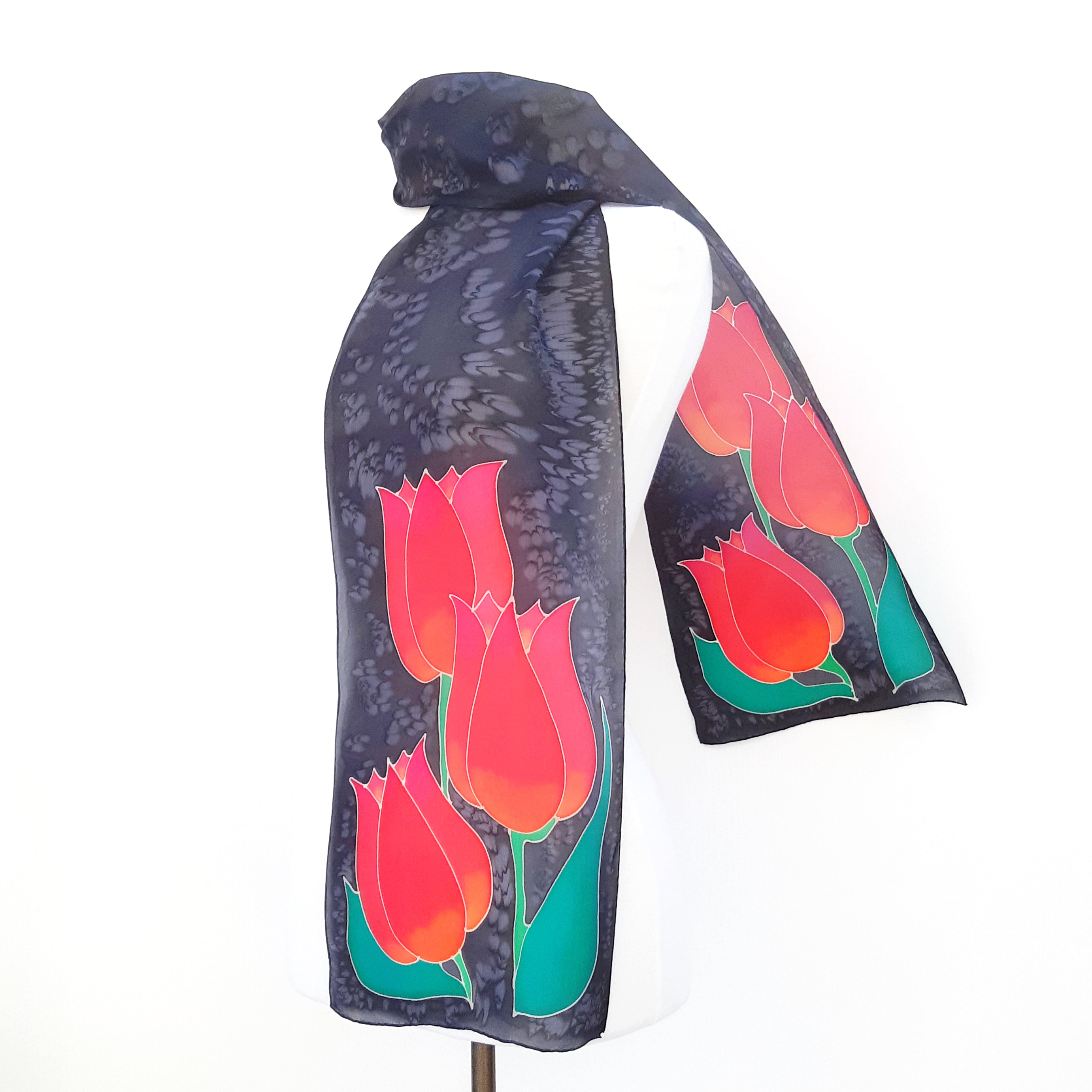 black silk scarf with red tulips art design hand painted by Lynne Kiel handmade in Canada