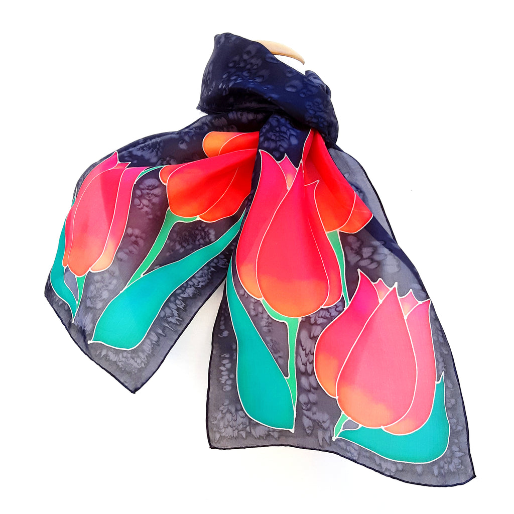 ladies scarf red tulips painted silk