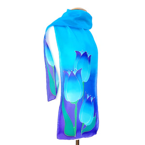 silk clothing accessory blue scarf hand painted tulips art design handmade by Lynne Kiel
