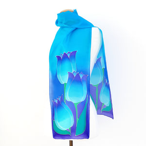 blue silk scarf hand painted tulip design made in Canada By Lynne Kiel