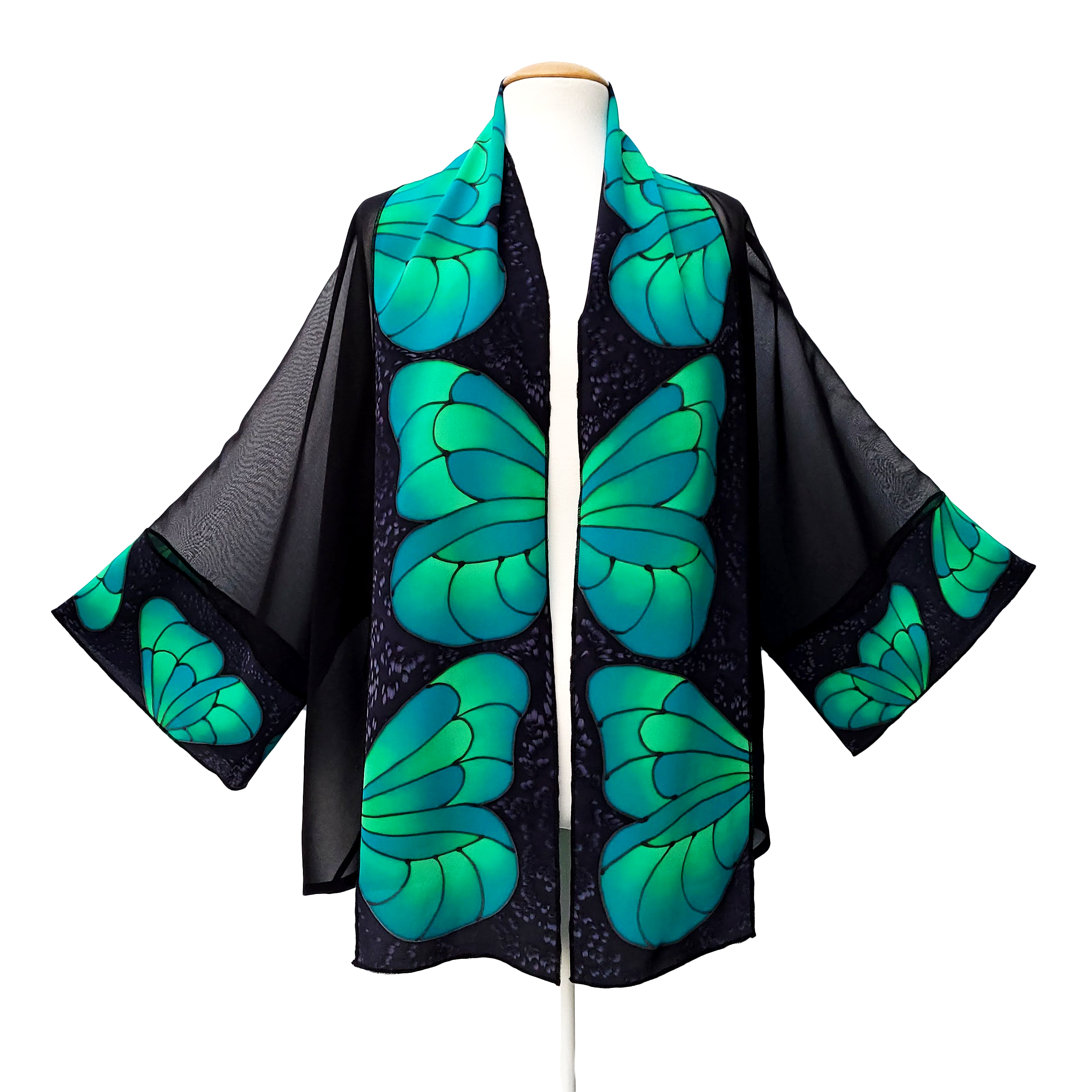 silk clothing hand painted green butterfly kimono one size handmade in Canada by Lynne Kiel