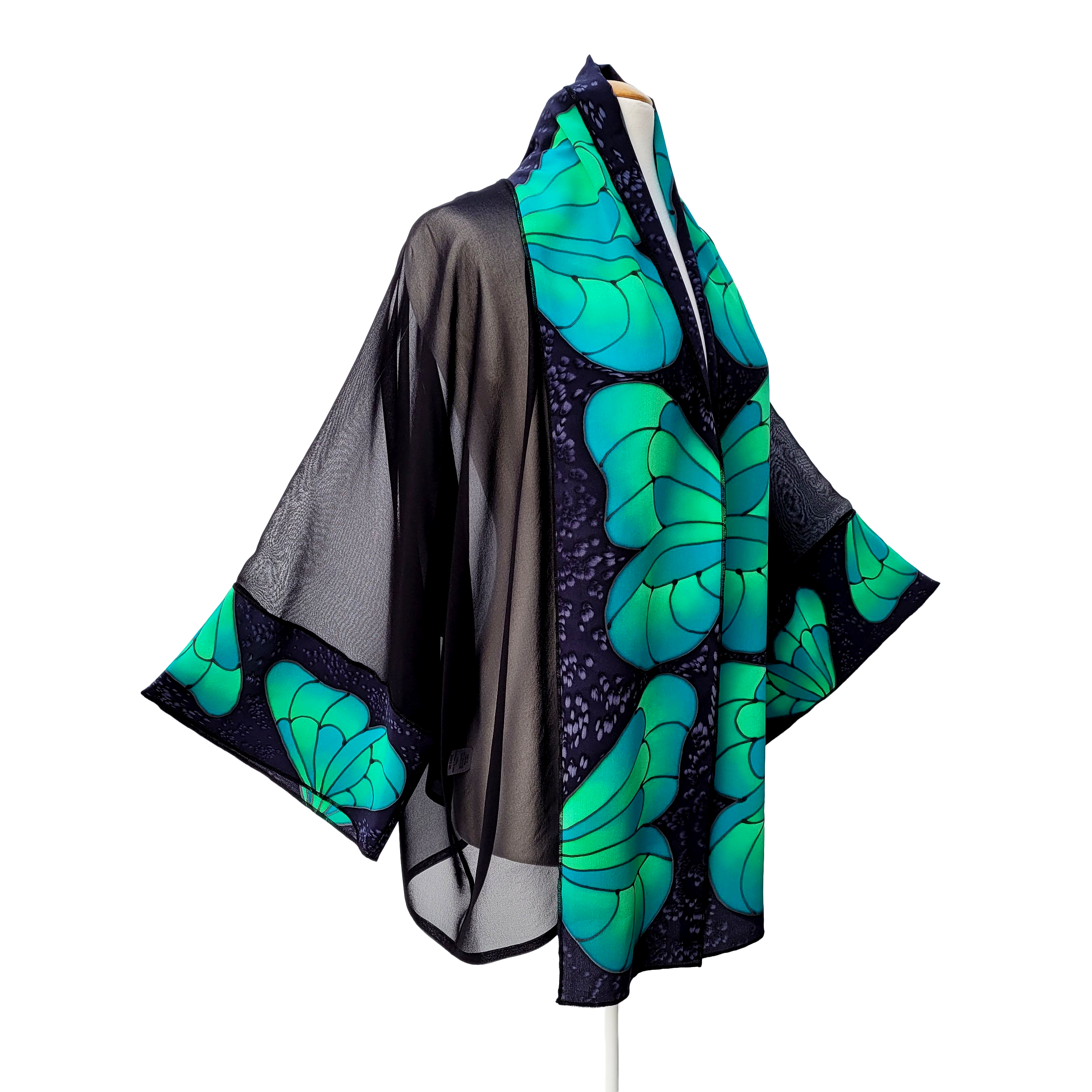 hand painted silk clothing green butterfly Kimono jacket handmade by Lynne Kiel