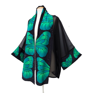 Painted silk black and green kimono for women one size handmade by Lynne Kiel