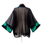 Load image into Gallery viewer, Green butterflies Black silk Kimono in sheer silk handmade by Lynne Kiel
