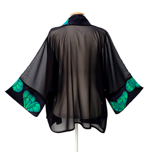 Green butterflies Black silk Kimono in sheer silk handmade by Lynne Kiel