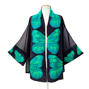 silk clothing for women hand painted silk kimono green butterfly art design handmade by Lynne Kiel