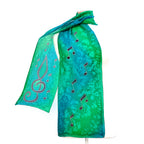 Painted silk long scarves green color