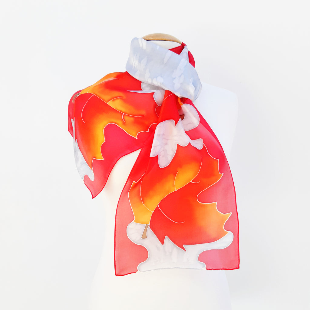 ladies scarf red silver painted silk 