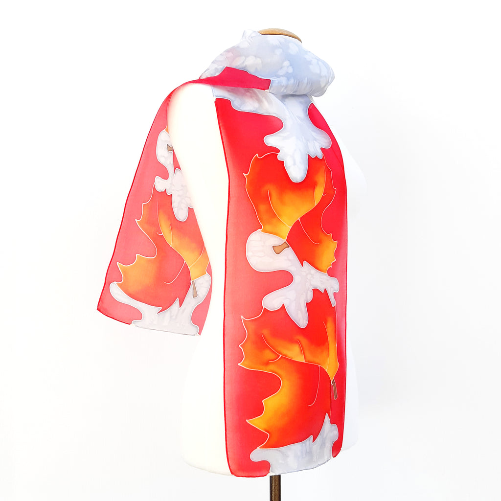 AUTUMN LEAVES Black & Red Gold PAINTED SILK Design Silk Scarf
