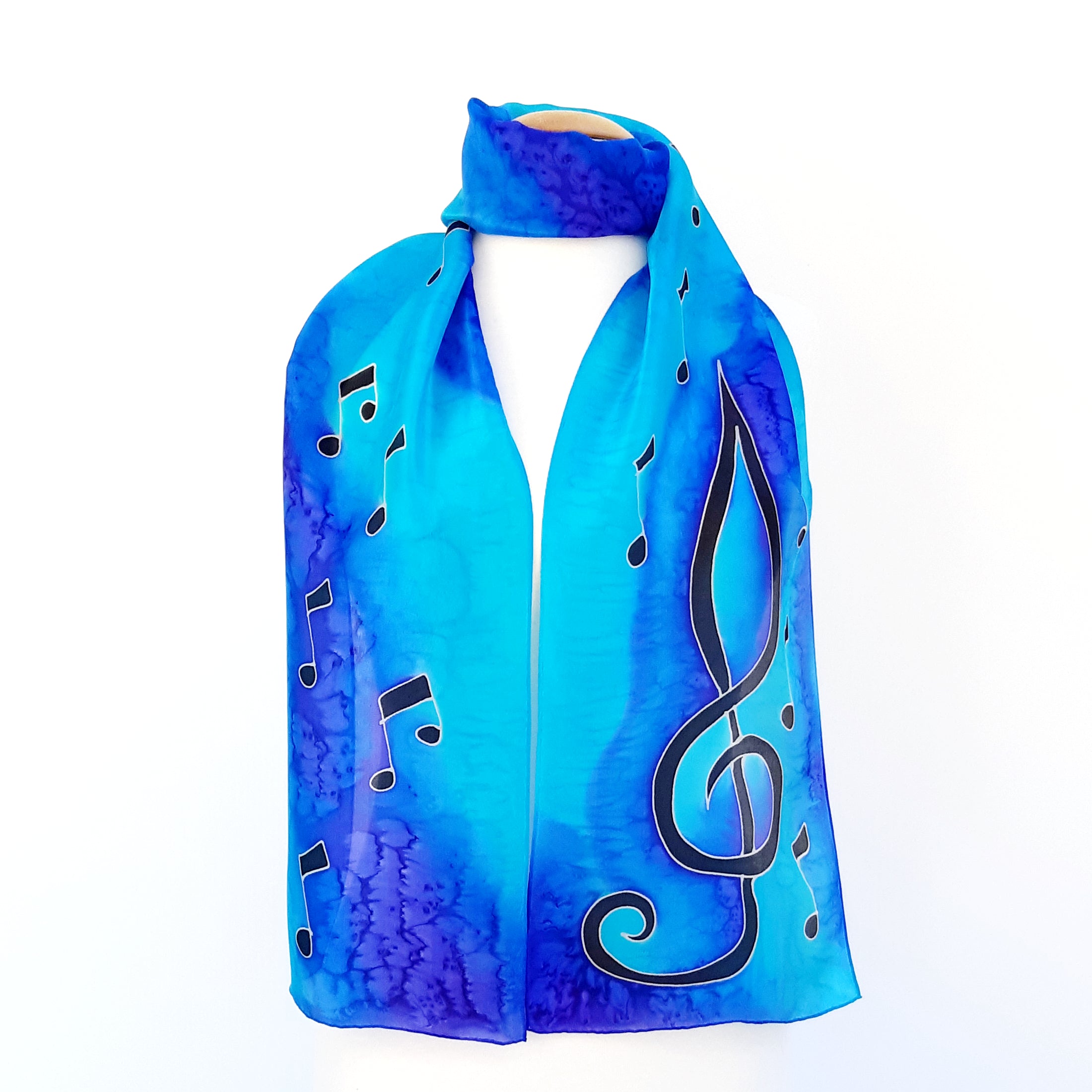 Painted silk blue scarf treble clef art
