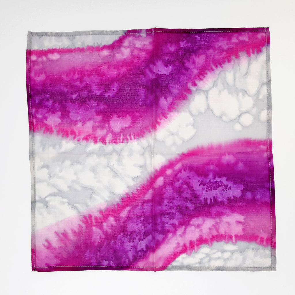 Pink fuchsia silver grey hand painted pure silk pocket square men's fashion accessory handmade by Lynne Kiel