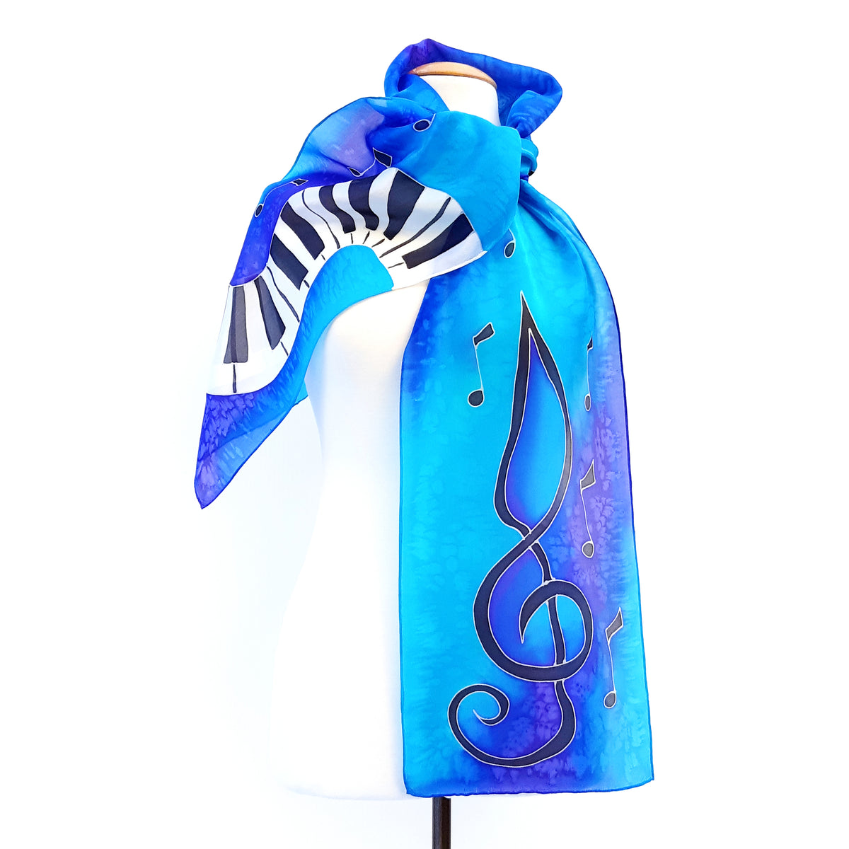 treble clef music scarf hand painted silk blue purple colors made by Lynne Kiel