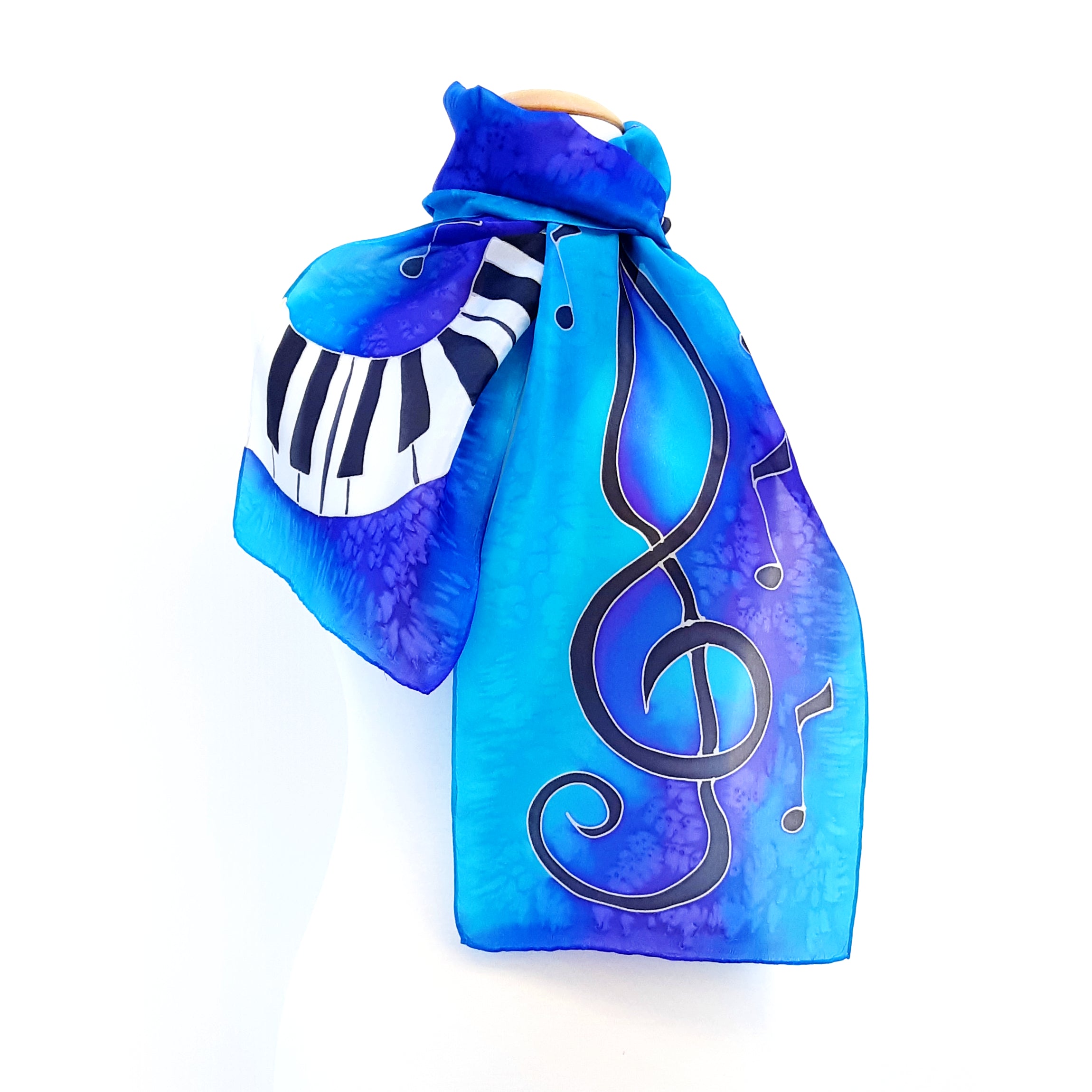 design silk scarf with piano treble clef and music notes made by Lynne Kiel