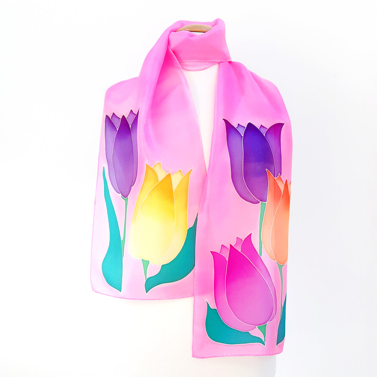 PAINTBOX TULIPS Pastel Green Pink Purple Yellow PAINTED SILK SCARF