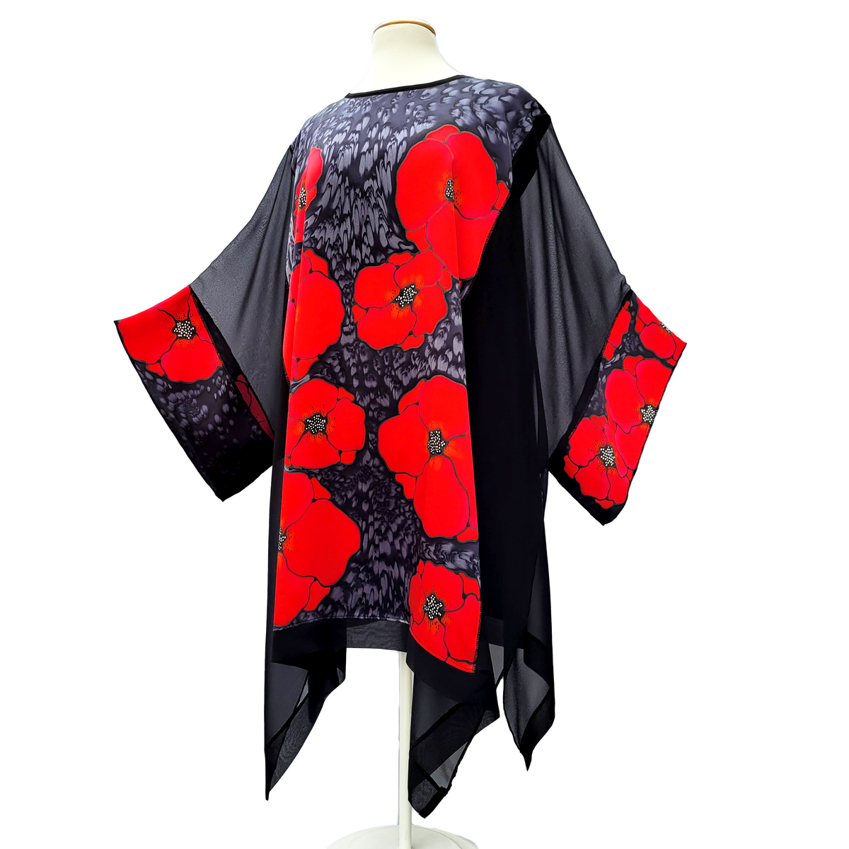 silk clothing one size ladies caftan top hand painted pure silk handmade in Canada by Lynne Kiel
