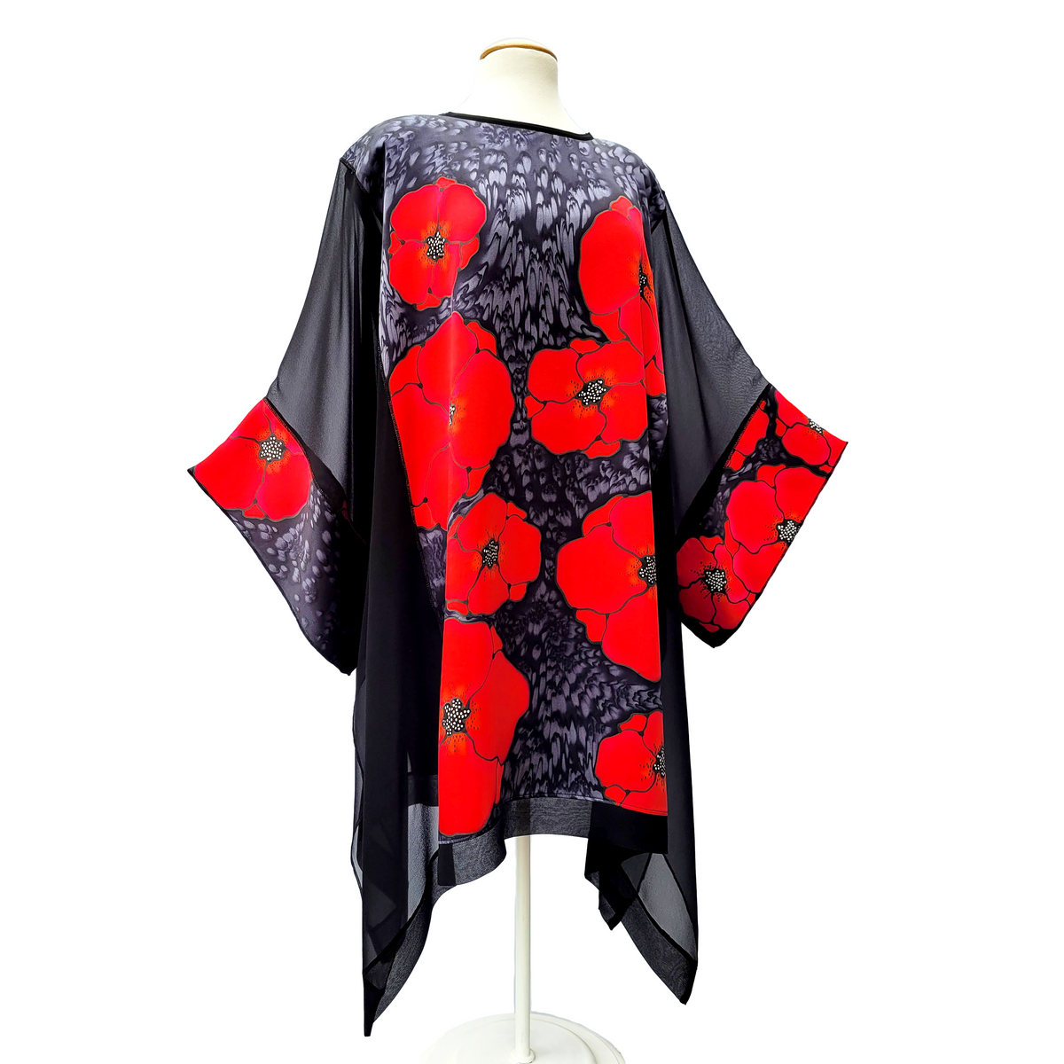 Red poppies hand painted silk caftan top for women handmade by Lynne Kiel