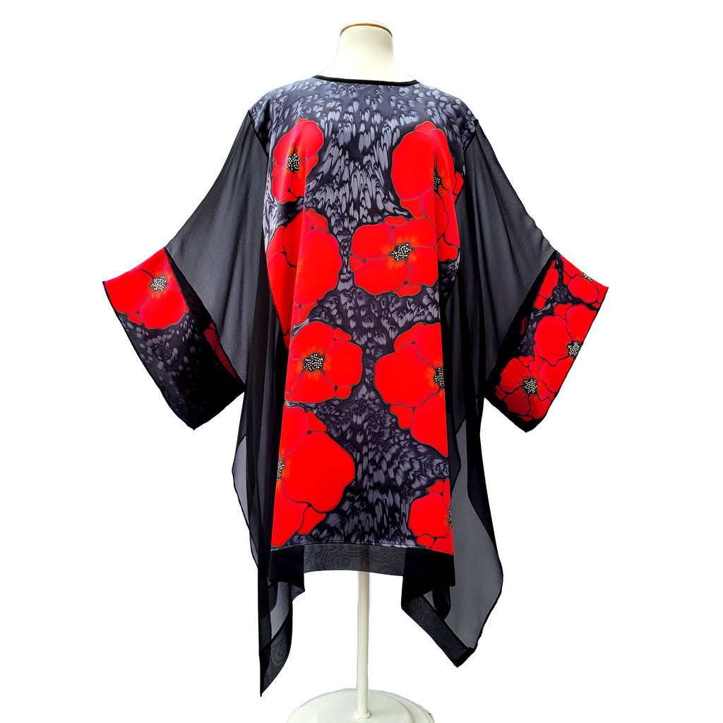 Long silk top hand painted red poppy design art made in Canada by Lynne Kiel