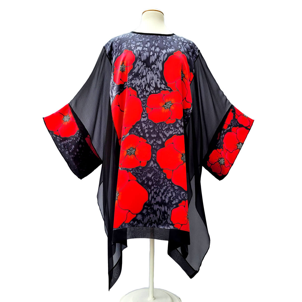 Long silk top hand painted red poppy design art made in Canada by Lynne Kiel