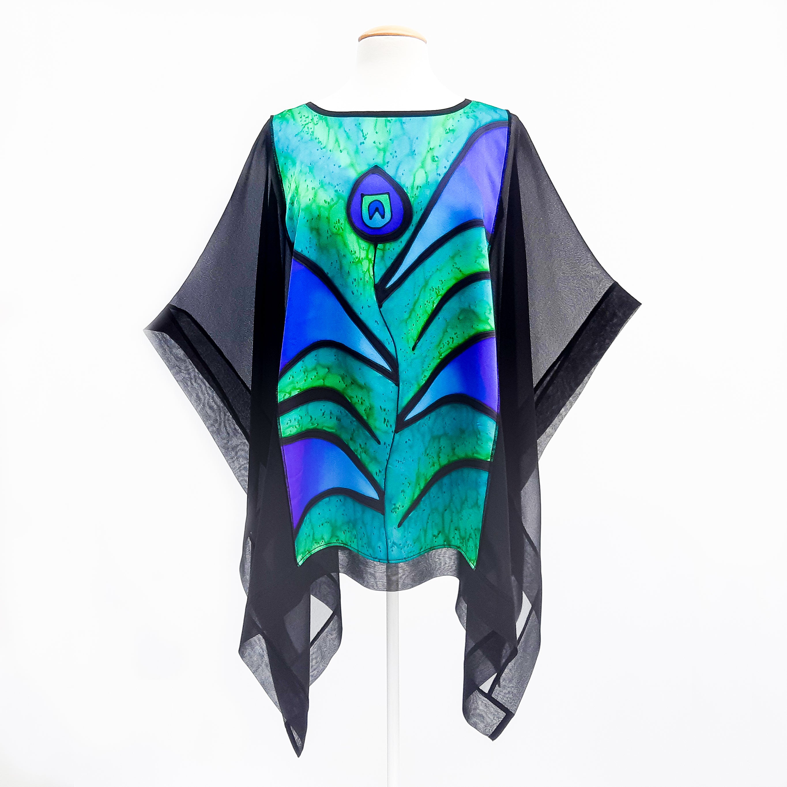 poncho top hand painted  green peacock feather pure silk made by Lynne Kiel