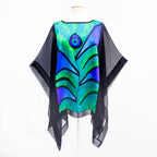 poncho top hand painted  green peacock feather pure silk made by Lynne Kiel