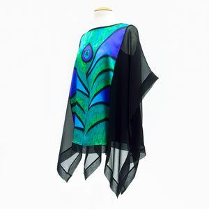 green peacock feather painted silk by Lynne Kiel one size design fashion for women