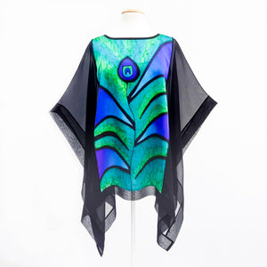 poncho top hand painted  green peacock feather pure silk made by Lynne Kiel