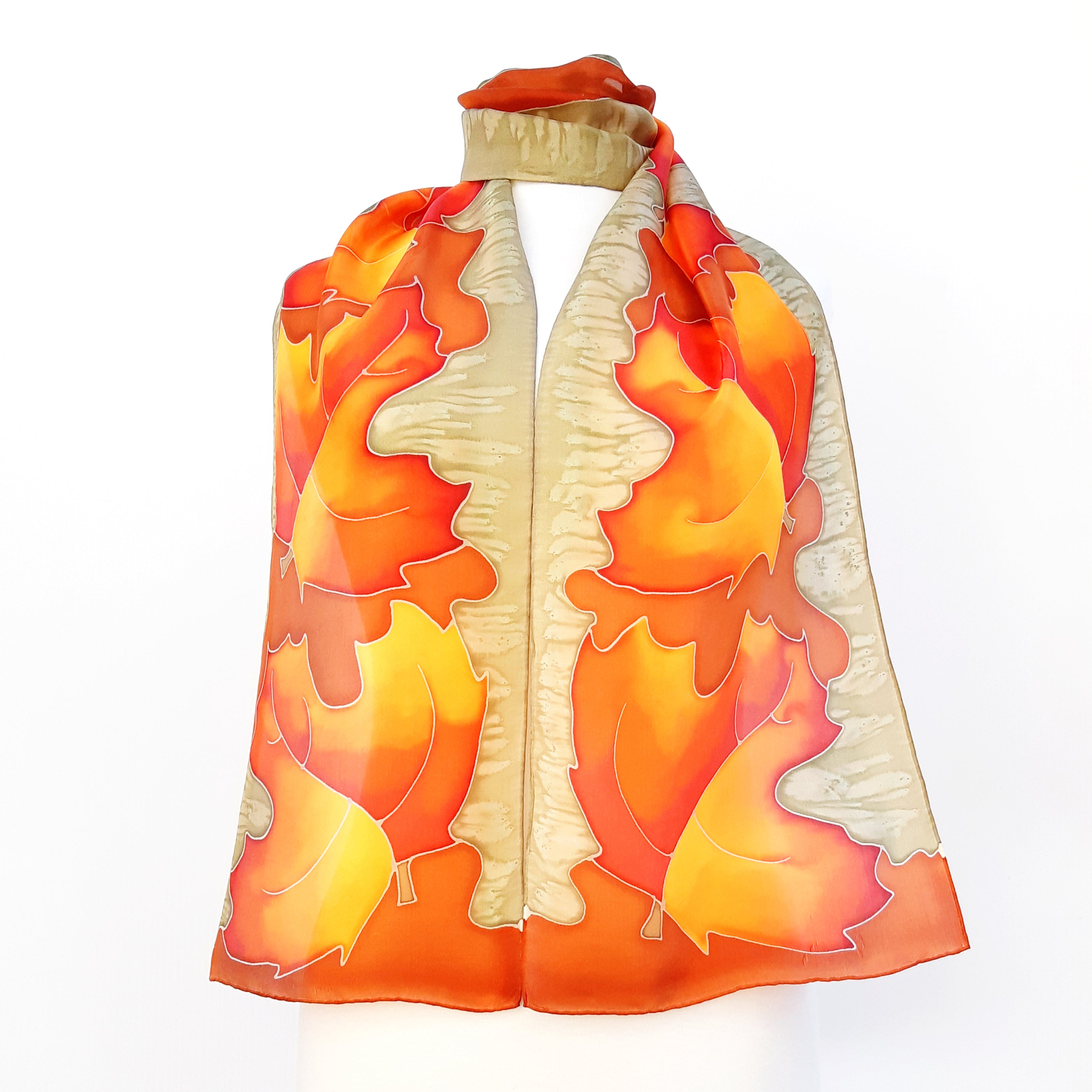 painted silk orange scarf maples leaf art