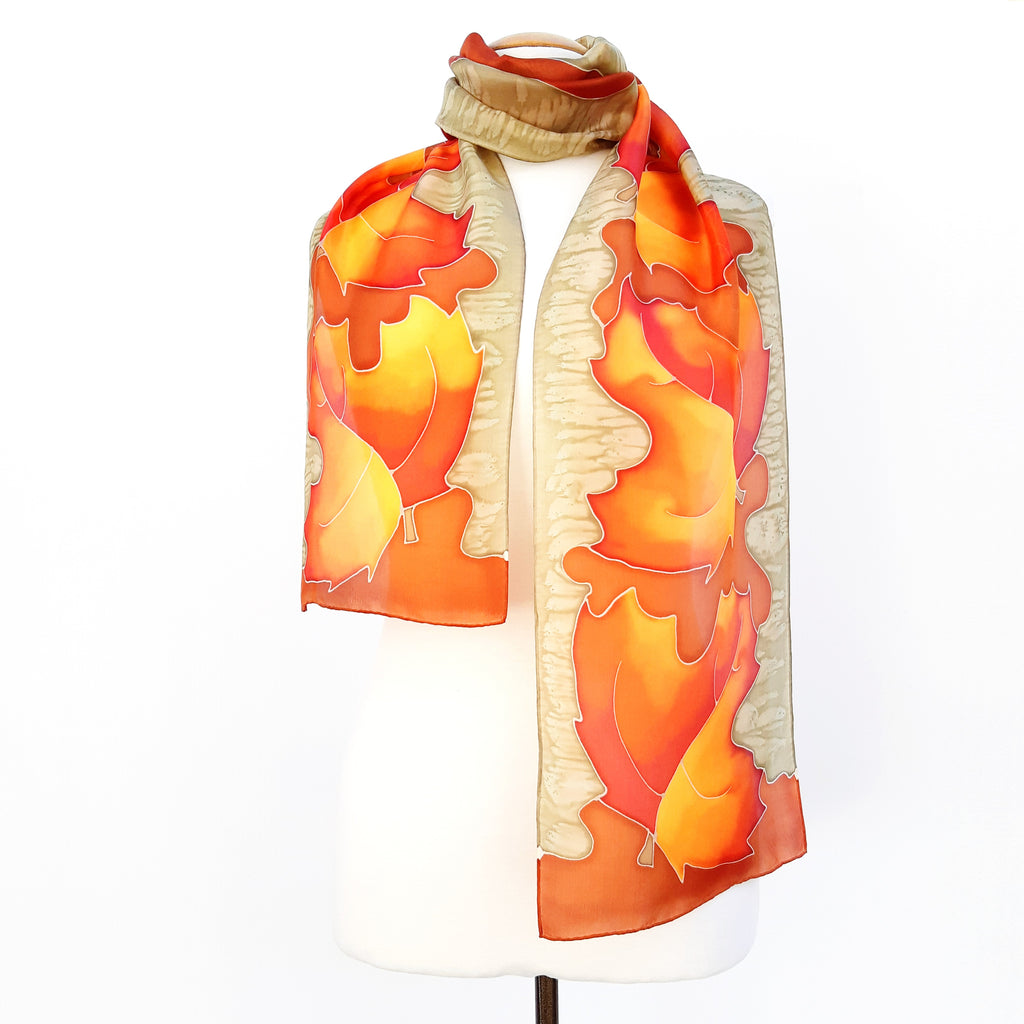 painted silk scarf for women orange scarf