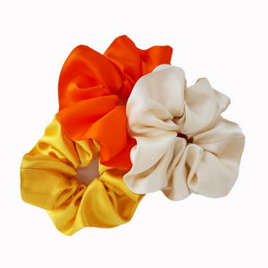 large silk scrunchie hair accessory 3 piece set yellow orange ivory silk satin handmade by Lynne Kiel