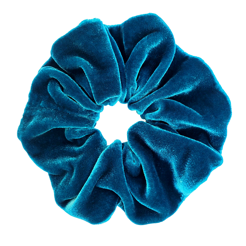teal green silk velvet hair accessory scrunchies handmade in Canada by Lynne Kiel