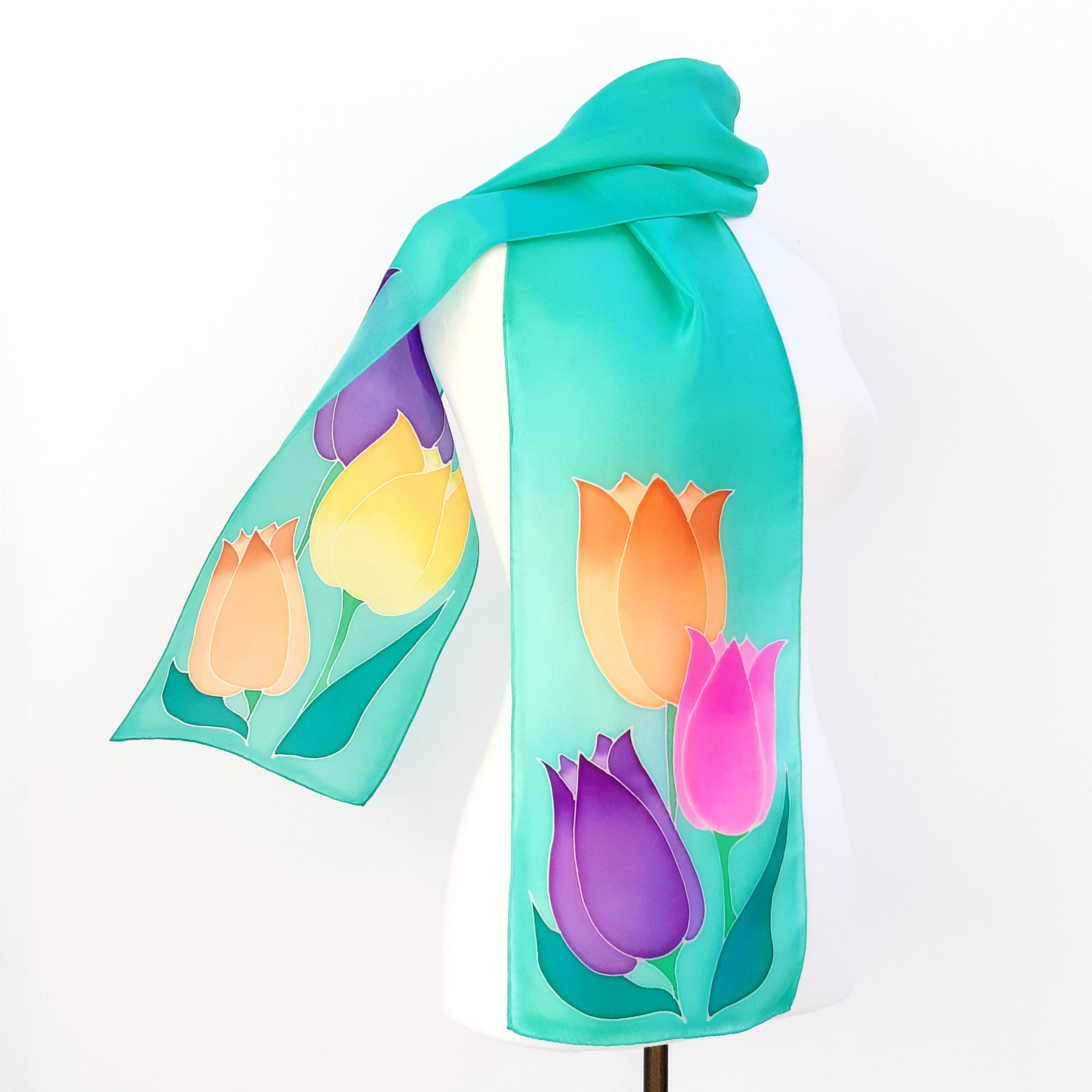 Mint green hand painted silk scarf with pink tulips handmade by Lynne Kie