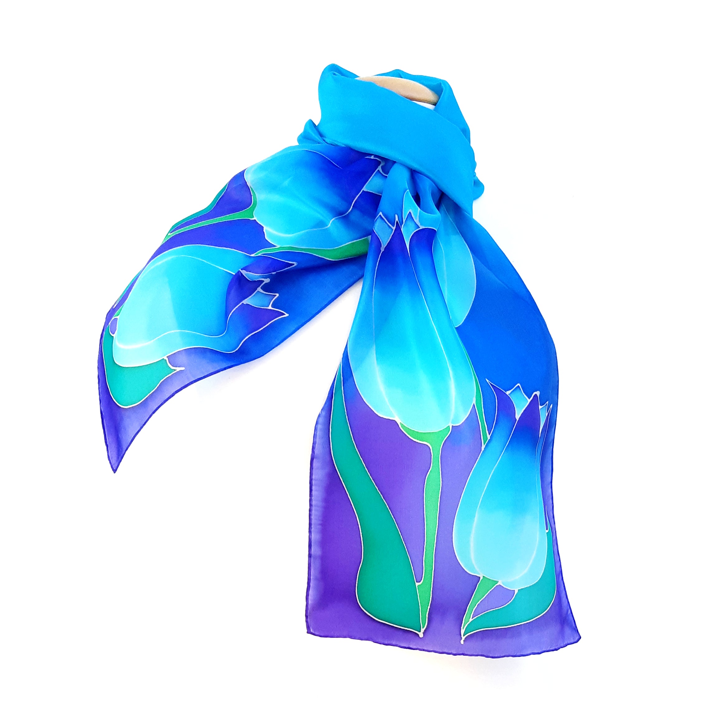 long blue silk scarf hand painted tulip art design handmade by Lynne Kiel