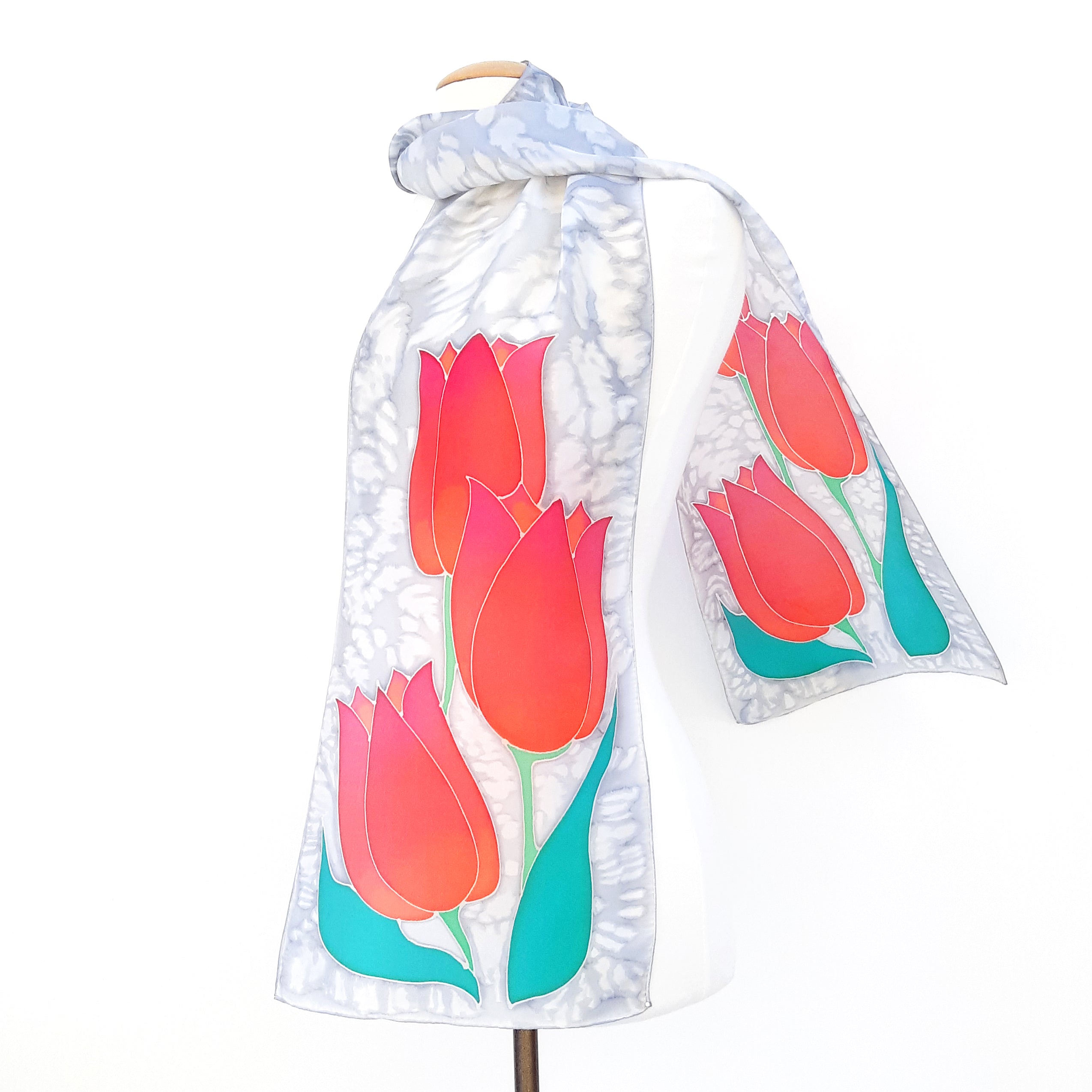red tulip painted silk design scarves