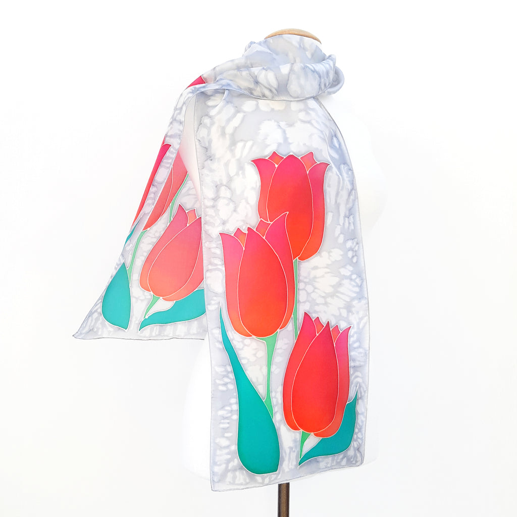 Painted silk red tulips  silver grey long scarf