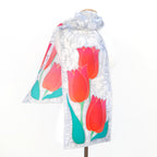 Painted silk red tulips  silver grey long scarf