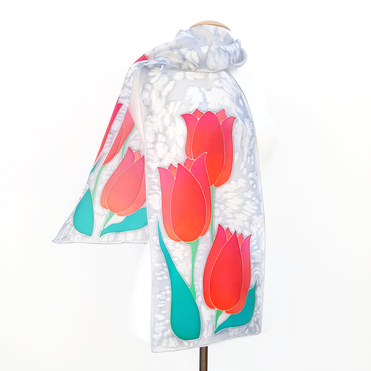 Painted silk red tulips  silver grey long scarf