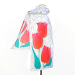 Load image into Gallery viewer, Painted silk red tulips  silver grey long scarf
