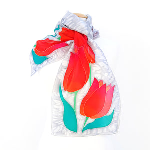 painted silk long scarves red tulips