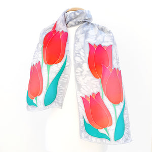 silk scarf for women painted silk red tulips